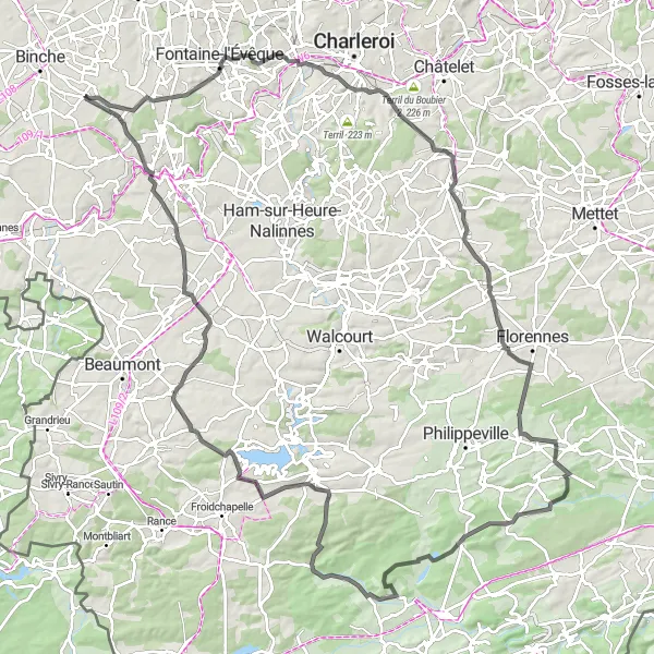 Map miniature of "Challenging Hills and Striking Landmarks" cycling inspiration in Prov. Hainaut, Belgium. Generated by Tarmacs.app cycling route planner