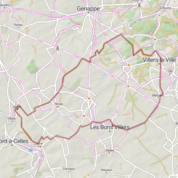 Miniature de la carte de l'inspiration cycliste "Boucle champêtre de Baisy-Thy" dans la Prov. Hainaut, Belgium. Générée par le planificateur d'itinéraire cycliste Tarmacs.app