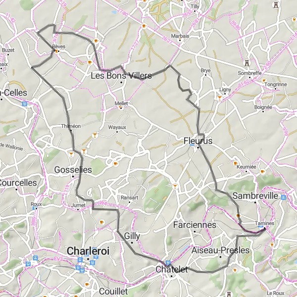Miniatuurkaart van de fietsinspiratie "Rondrit vanuit Buzet via Villers-Perwin en Thiméon" in Prov. Hainaut, Belgium. Gemaakt door de Tarmacs.app fietsrouteplanner