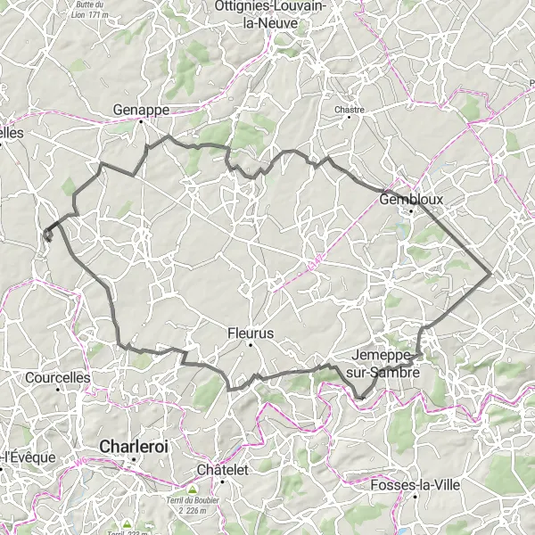Miniatuurkaart van de fietsinspiratie "Avontuurlijke fietstocht van Buzet naar Keumiée via Gembloux" in Prov. Hainaut, Belgium. Gemaakt door de Tarmacs.app fietsrouteplanner