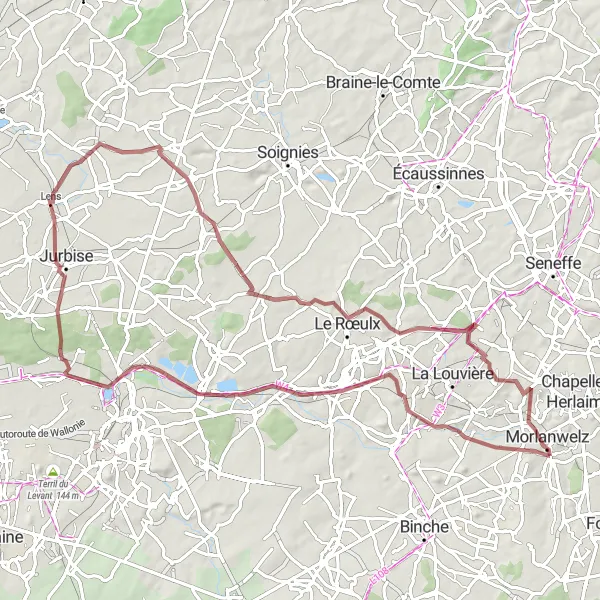 Map miniature of "Ghislage Gravel Loop" cycling inspiration in Prov. Hainaut, Belgium. Generated by Tarmacs.app cycling route planner