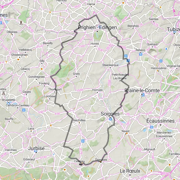 Karten-Miniaturansicht der Radinspiration "Schleifenweg von Casteau nach Louvignies" in Prov. Hainaut, Belgium. Erstellt vom Tarmacs.app-Routenplaner für Radtouren