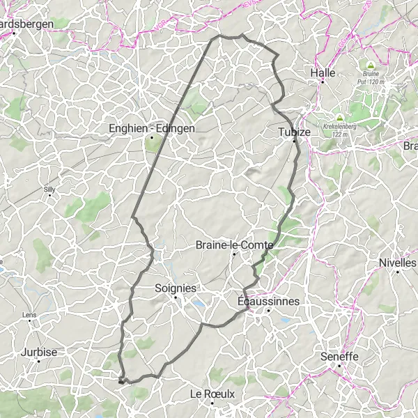 Map miniature of "Horrues & Tubize" cycling inspiration in Prov. Hainaut, Belgium. Generated by Tarmacs.app cycling route planner