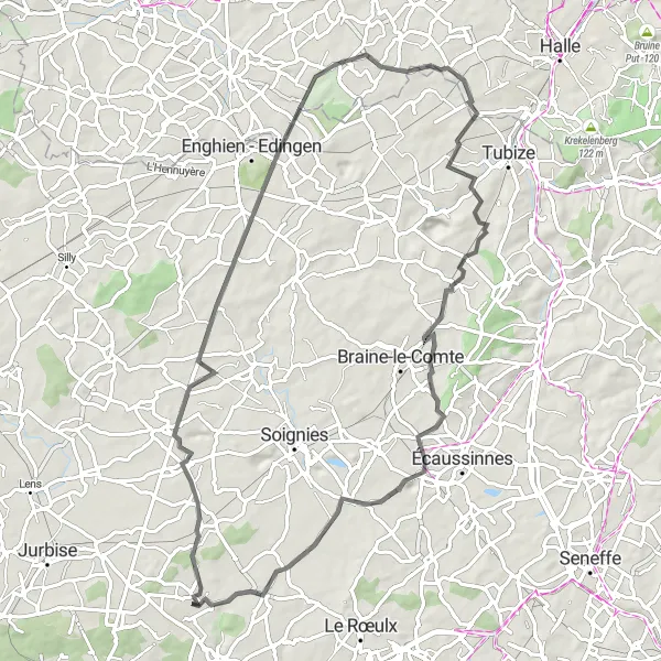 Map miniature of "Chaussée-Notre-Dame-Louvignies & Bonhomme de fer" cycling inspiration in Prov. Hainaut, Belgium. Generated by Tarmacs.app cycling route planner