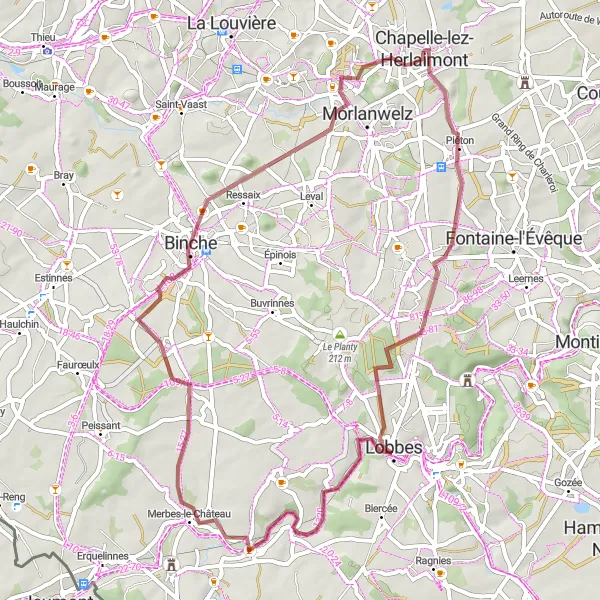 Karten-Miniaturansicht der Radinspiration "Gravel-Entdeckungstour nach Binche" in Prov. Hainaut, Belgium. Erstellt vom Tarmacs.app-Routenplaner für Radtouren