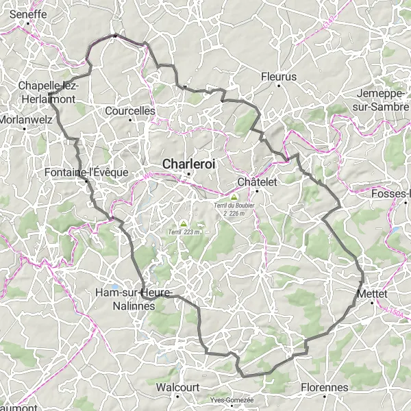 Miniature de la carte de l'inspiration cycliste "La Boucle des Châteaux et Abbayes" dans la Prov. Hainaut, Belgium. Générée par le planificateur d'itinéraire cycliste Tarmacs.app