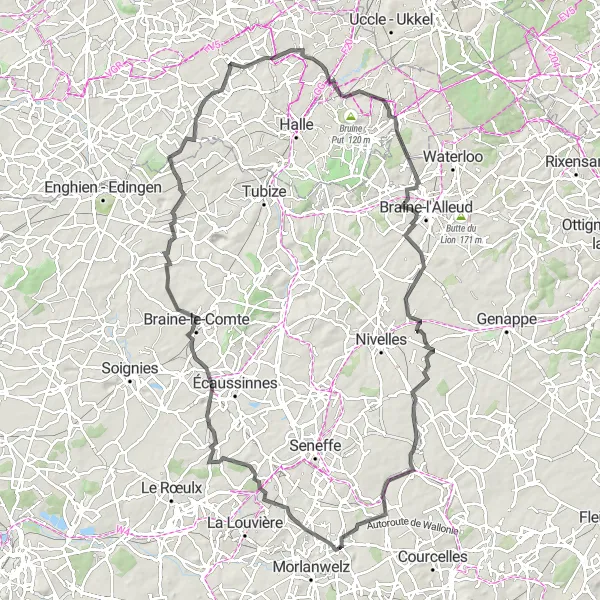 Map miniature of "Road Route: Brussels Skyline Adventure" cycling inspiration in Prov. Hainaut, Belgium. Generated by Tarmacs.app cycling route planner