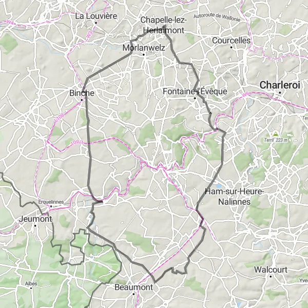 Miniatuurkaart van de fietsinspiratie "Rustige fietstocht door het groene landschap van Hainaut" in Prov. Hainaut, Belgium. Gemaakt door de Tarmacs.app fietsrouteplanner