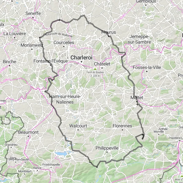 Map miniature of "Road Route: Chapelle-lez-Herlaimont to Boussu-lez-Walcourt Adventure" cycling inspiration in Prov. Hainaut, Belgium. Generated by Tarmacs.app cycling route planner