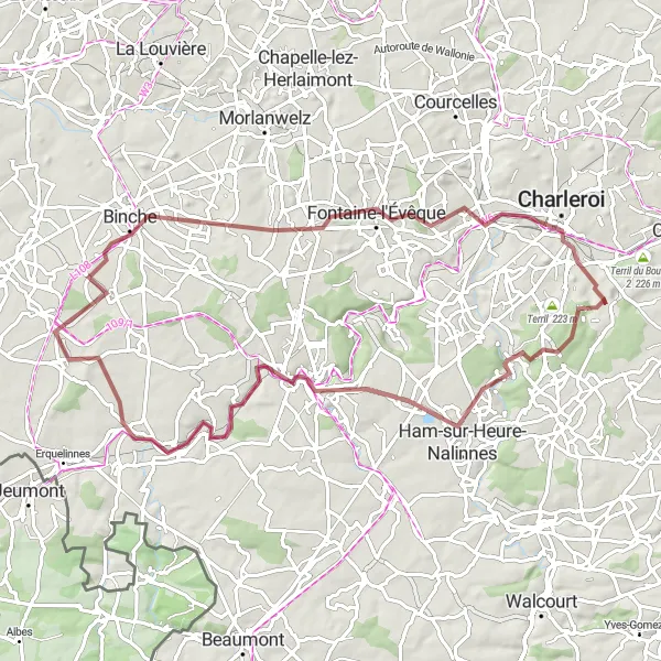 Map miniature of "The Scenic Gravel Tour of Jamioulx and Binche" cycling inspiration in Prov. Hainaut, Belgium. Generated by Tarmacs.app cycling route planner
