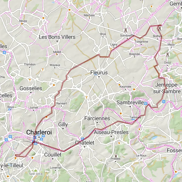 Map miniature of "Gravel Route: Charleroi to Cité de l'Enfance" cycling inspiration in Prov. Hainaut, Belgium. Generated by Tarmacs.app cycling route planner