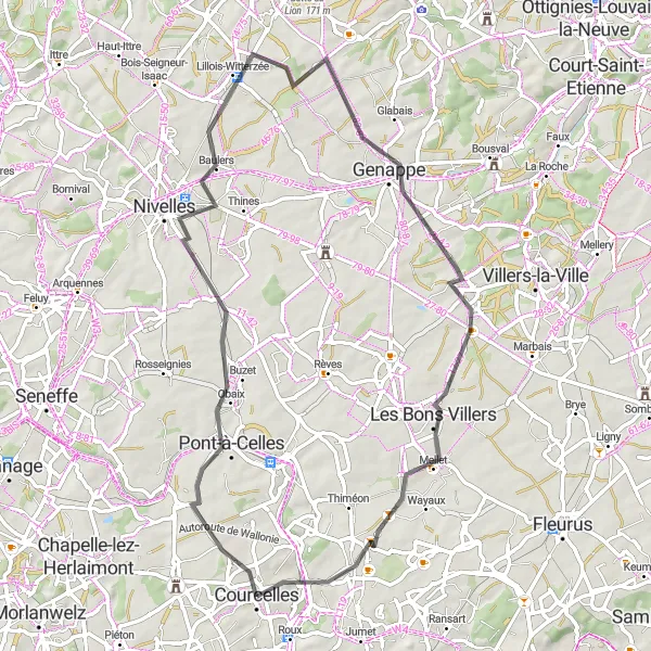 Karten-Miniaturansicht der Radinspiration "Rundfahrroute von Pont-à-Celles nach Gosselies" in Prov. Hainaut, Belgium. Erstellt vom Tarmacs.app-Routenplaner für Radtouren