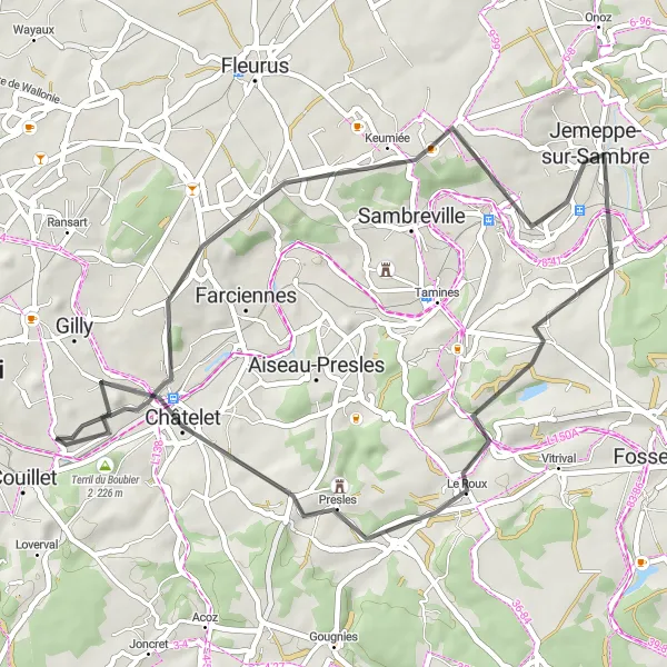 Map miniature of "Road Route: Pironchamps to Montignies-sur-Sambre" cycling inspiration in Prov. Hainaut, Belgium. Generated by Tarmacs.app cycling route planner