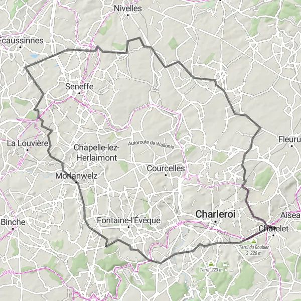 Map miniature of "The Enchanting Terrils Road Cycling Route" cycling inspiration in Prov. Hainaut, Belgium. Generated by Tarmacs.app cycling route planner