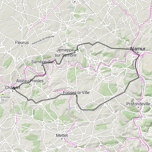 Miniature de la carte de l'inspiration cycliste "Les Chemins de Namur" dans la Prov. Hainaut, Belgium. Générée par le planificateur d'itinéraire cycliste Tarmacs.app