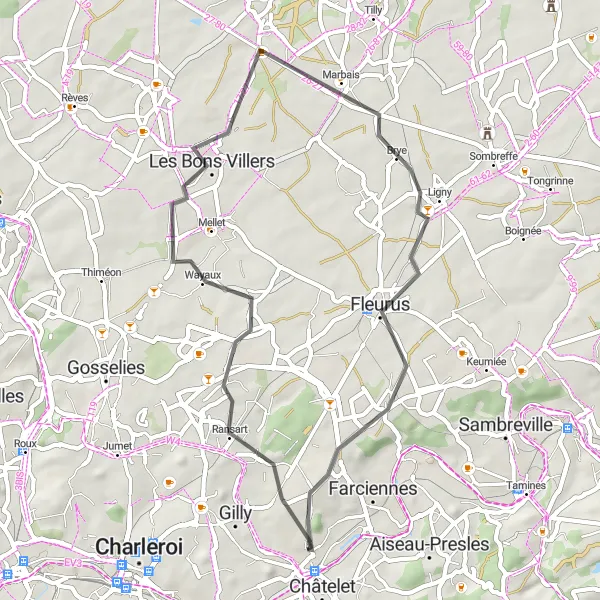 Map miniature of "The Charleroi Countryside Road Cycling Route" cycling inspiration in Prov. Hainaut, Belgium. Generated by Tarmacs.app cycling route planner