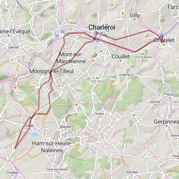 Karten-Miniaturansicht der Radinspiration "Gravelabenteuer in der Umgebung von Châtelet" in Prov. Hainaut, Belgium. Erstellt vom Tarmacs.app-Routenplaner für Radtouren