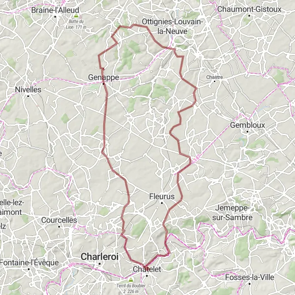 Karten-Miniaturansicht der Radinspiration "Abenteuer auf Schotterwegen um Châtelet" in Prov. Hainaut, Belgium. Erstellt vom Tarmacs.app-Routenplaner für Radtouren