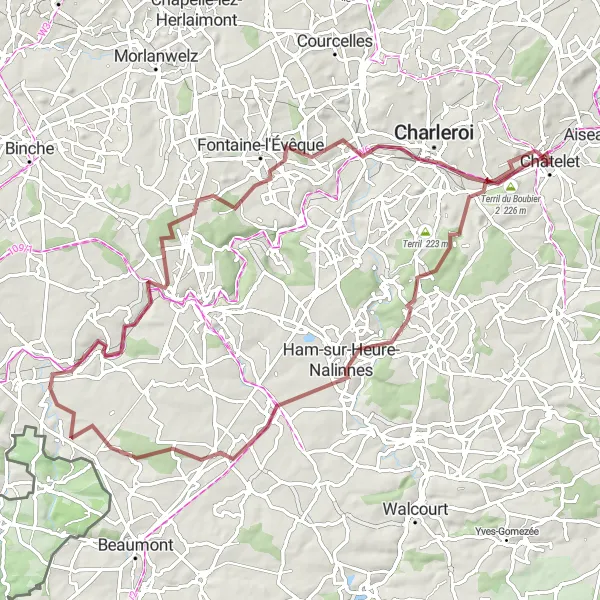 Map miniature of "Châtelet - Terril du Boubier 2 - Montignies-sur-Sambre - Ham-sur-Heure-Nalinnes - Sars-la-Buissière - Marchienne-au-Pont - Châtelineau" cycling inspiration in Prov. Hainaut, Belgium. Generated by Tarmacs.app cycling route planner
