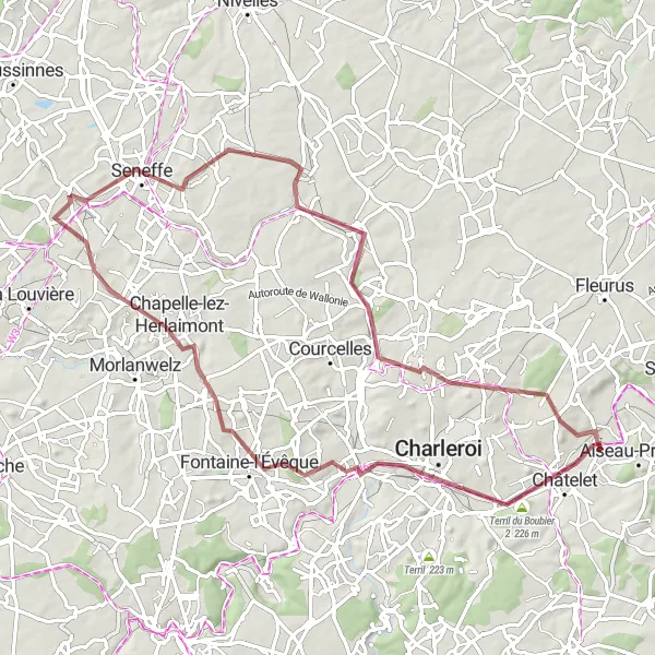 Miniature de la carte de l'inspiration cycliste "Parcours de gravel autour de Châtelet" dans la Prov. Hainaut, Belgium. Générée par le planificateur d'itinéraire cycliste Tarmacs.app