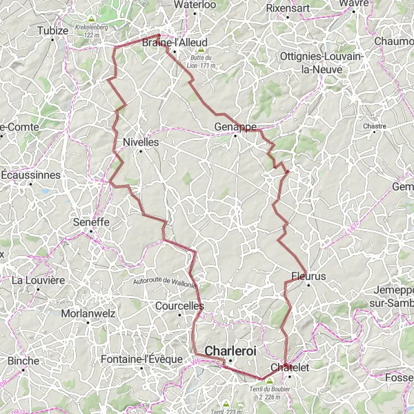 Miniature de la carte de l'inspiration cycliste "Parcours de gravel près de Châtelet" dans la Prov. Hainaut, Belgium. Générée par le planificateur d'itinéraire cycliste Tarmacs.app