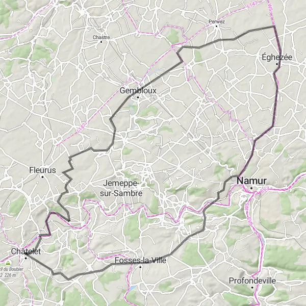 Miniatuurkaart van de fietsinspiratie "Route van Châtelet naar Sart-Eustache" in Prov. Hainaut, Belgium. Gemaakt door de Tarmacs.app fietsrouteplanner