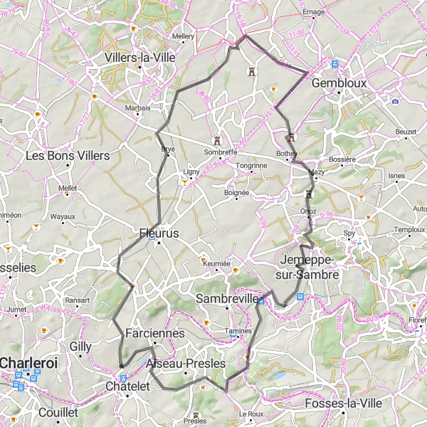 Map miniature of "Châtelet - Fleurus - Gentinnes - Château de Corroy-le-Château - Jemeppe-sur-Sambre - Farciennes" cycling inspiration in Prov. Hainaut, Belgium. Generated by Tarmacs.app cycling route planner