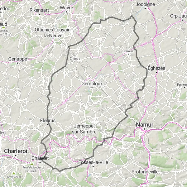 Map miniature of "Châtelet - Farciennes - Fleurus - Mellery - Chaumont-Gistoux - Incourt - Mehaigne - Rhisnes - Le Roux" cycling inspiration in Prov. Hainaut, Belgium. Generated by Tarmacs.app cycling route planner