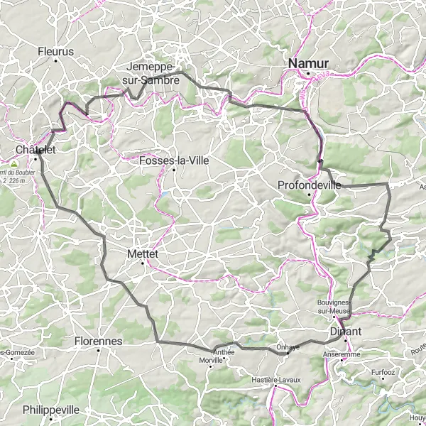 Map miniature of "The Hills of Namur" cycling inspiration in Prov. Hainaut, Belgium. Generated by Tarmacs.app cycling route planner