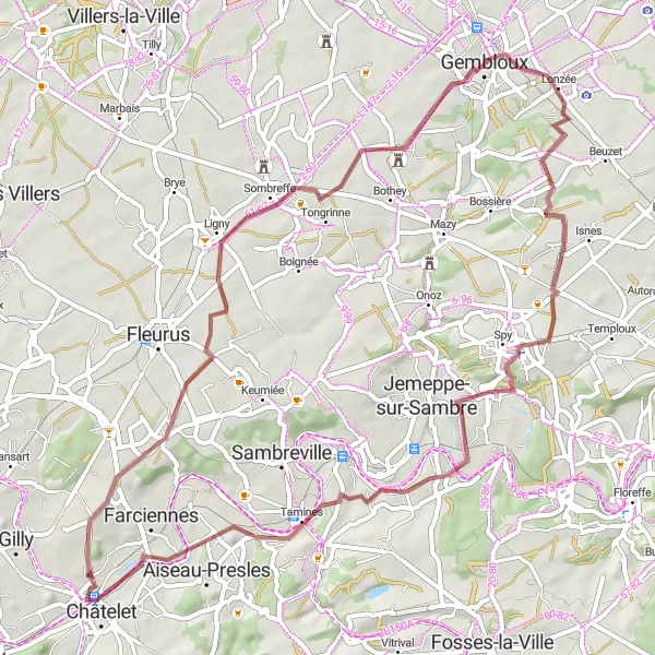 Miniatuurkaart van de fietsinspiratie "Gravelroute vanuit Châtelineau via Sombreffe en Lonzée" in Prov. Hainaut, Belgium. Gemaakt door de Tarmacs.app fietsrouteplanner