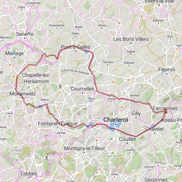 Miniatuurkaart van de fietsinspiratie "Gravelroute vanuit Châtelineau via Terril du Boubier 2" in Prov. Hainaut, Belgium. Gemaakt door de Tarmacs.app fietsrouteplanner