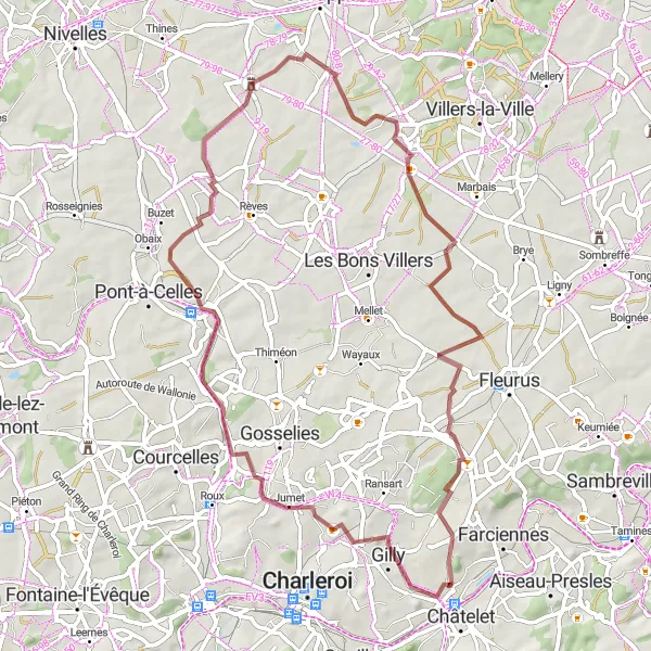 Karten-Miniaturansicht der Radinspiration "Gravel Tour um Châtelineau" in Prov. Hainaut, Belgium. Erstellt vom Tarmacs.app-Routenplaner für Radtouren