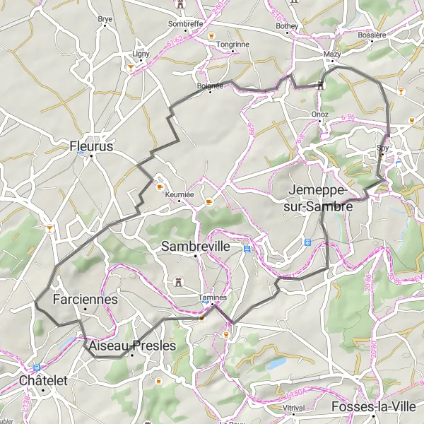 Karten-Miniaturansicht der Radinspiration "Boignée und Spy Rundkurs" in Prov. Hainaut, Belgium. Erstellt vom Tarmacs.app-Routenplaner für Radtouren