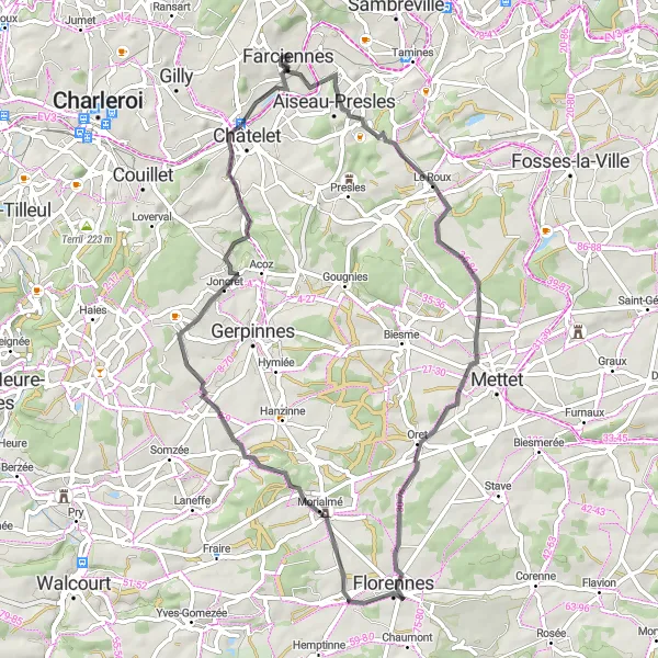Miniature de la carte de l'inspiration cycliste "Vallées Verdoyantes - Le Roux à Farciennes" dans la Prov. Hainaut, Belgium. Générée par le planificateur d'itinéraire cycliste Tarmacs.app