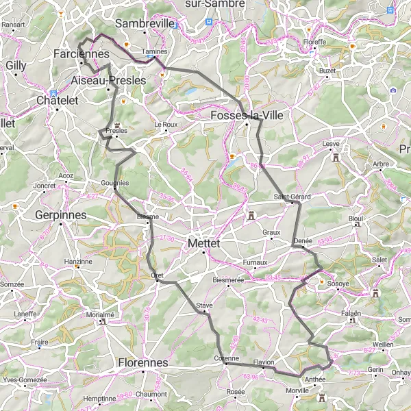 Miniature de la carte de l'inspiration cycliste "Route des Villages - Farciennes à Aiseau-Presles" dans la Prov. Hainaut, Belgium. Générée par le planificateur d'itinéraire cycliste Tarmacs.app