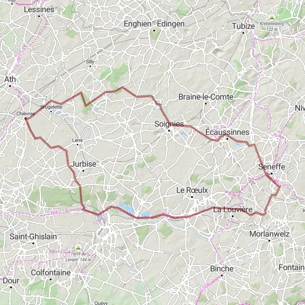 Miniature de la carte de l'inspiration cycliste "Les chemins de gravel du Hainaut" dans la Prov. Hainaut, Belgium. Générée par le planificateur d'itinéraire cycliste Tarmacs.app