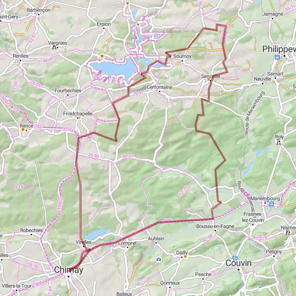 Map miniature of "Discover the Serene Landscapes of Virelles and Boussu-en-Fagne" cycling inspiration in Prov. Hainaut, Belgium. Generated by Tarmacs.app cycling route planner