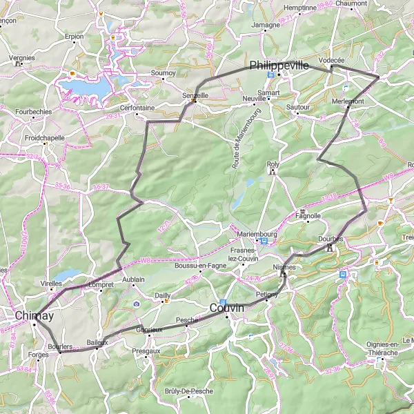 Miniature de la carte de l'inspiration cycliste "Circuit panoramique de Chimay" dans la Prov. Hainaut, Belgium. Générée par le planificateur d'itinéraire cycliste Tarmacs.app