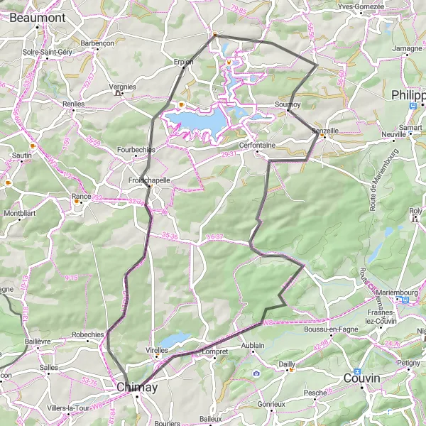 Map miniature of "Picturesque Road Cycling: Froidchapelle to Virelles" cycling inspiration in Prov. Hainaut, Belgium. Generated by Tarmacs.app cycling route planner