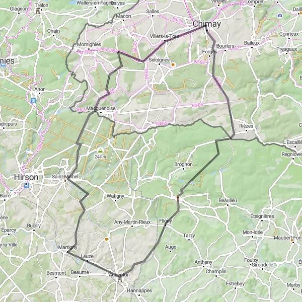 Map miniature of "Scenic Road Route to Macquenoise" cycling inspiration in Prov. Hainaut, Belgium. Generated by Tarmacs.app cycling route planner