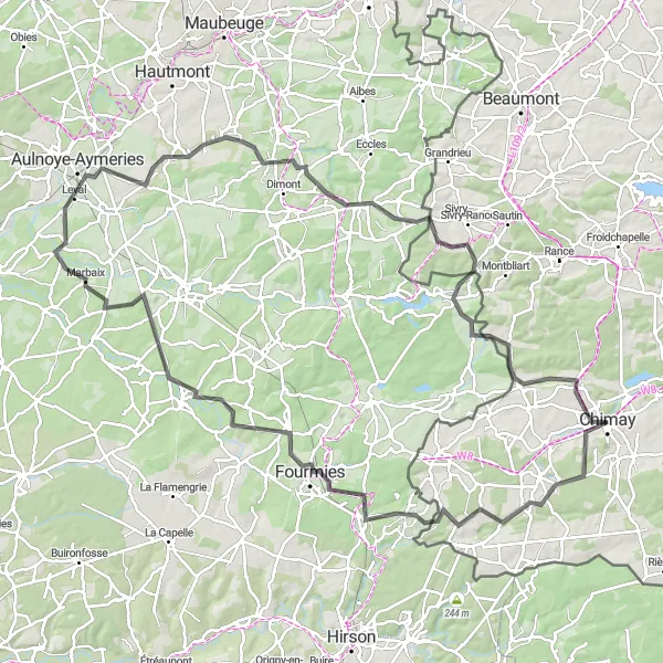 Map miniature of "Scenic Cycling Route from Chimay to Robechies" cycling inspiration in Prov. Hainaut, Belgium. Generated by Tarmacs.app cycling route planner