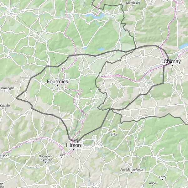 Map miniature of "Chimay to Macquenoise Circular Road Route" cycling inspiration in Prov. Hainaut, Belgium. Generated by Tarmacs.app cycling route planner
