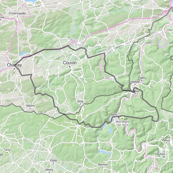 Map miniature of "Challenging Road Ride: Lompret to Baileux" cycling inspiration in Prov. Hainaut, Belgium. Generated by Tarmacs.app cycling route planner