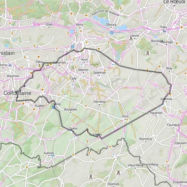 Map miniature of "The Mines and Mountains of Hainaut" cycling inspiration in Prov. Hainaut, Belgium. Generated by Tarmacs.app cycling route planner