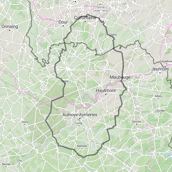 Map miniature of "The Hills and Valleys of Hainaut" cycling inspiration in Prov. Hainaut, Belgium. Generated by Tarmacs.app cycling route planner