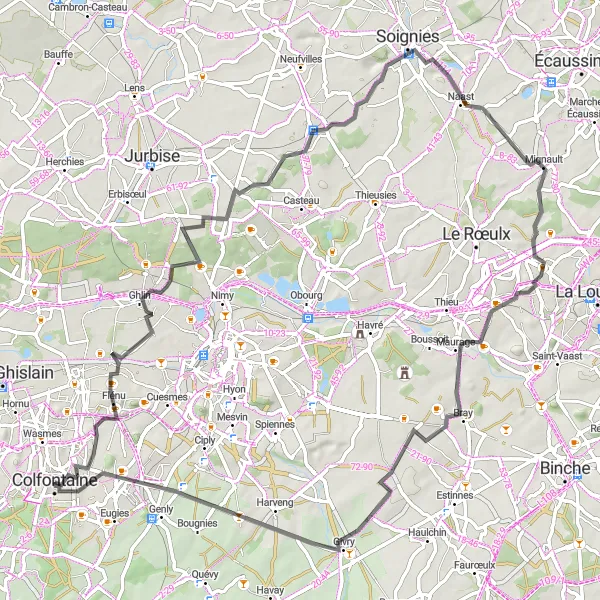 Miniatuurkaart van de fietsinspiratie "Wegroute langs historische mijnterrils en pittoreske dorpen" in Prov. Hainaut, Belgium. Gemaakt door de Tarmacs.app fietsrouteplanner