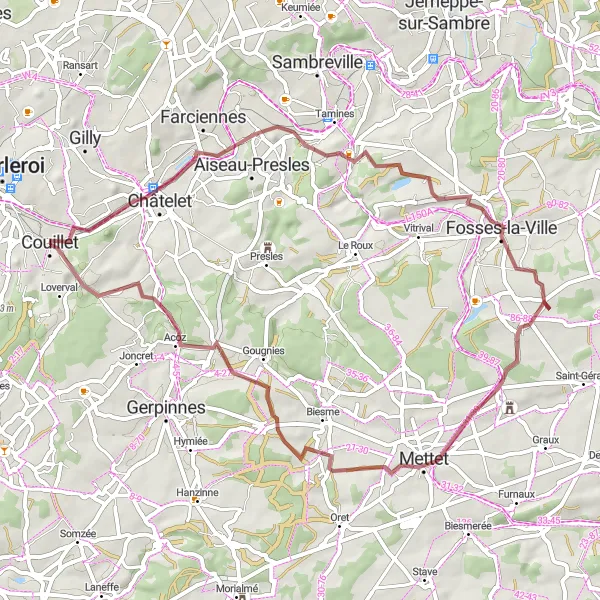 Miniature de la carte de l'inspiration cycliste "Parcours de cyclisme gravel du Terril du Boubier 2 à Couillet" dans la Prov. Hainaut, Belgium. Générée par le planificateur d'itinéraire cycliste Tarmacs.app