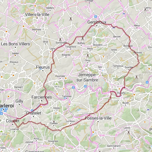 Miniature de la carte de l'inspiration cycliste "Parcours de cyclisme gravel du Terril du Boubier 2 à Bouffioulx" dans la Prov. Hainaut, Belgium. Générée par le planificateur d'itinéraire cycliste Tarmacs.app