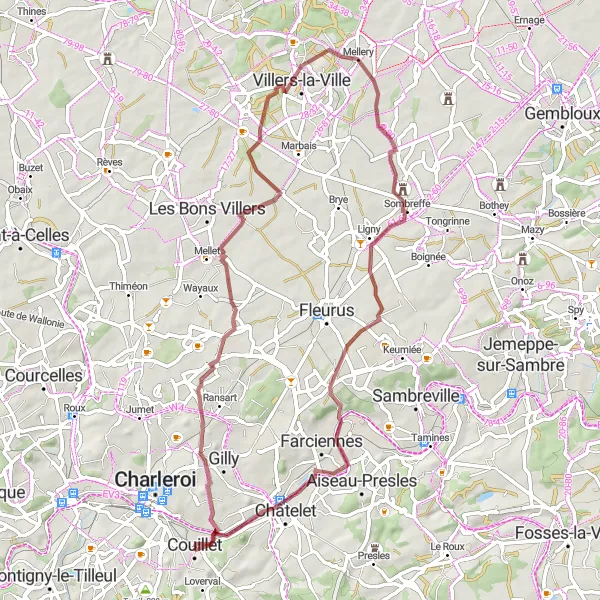 Miniature de la carte de l'inspiration cycliste "Parcours de gravel à Mellery" dans la Prov. Hainaut, Belgium. Générée par le planificateur d'itinéraire cycliste Tarmacs.app