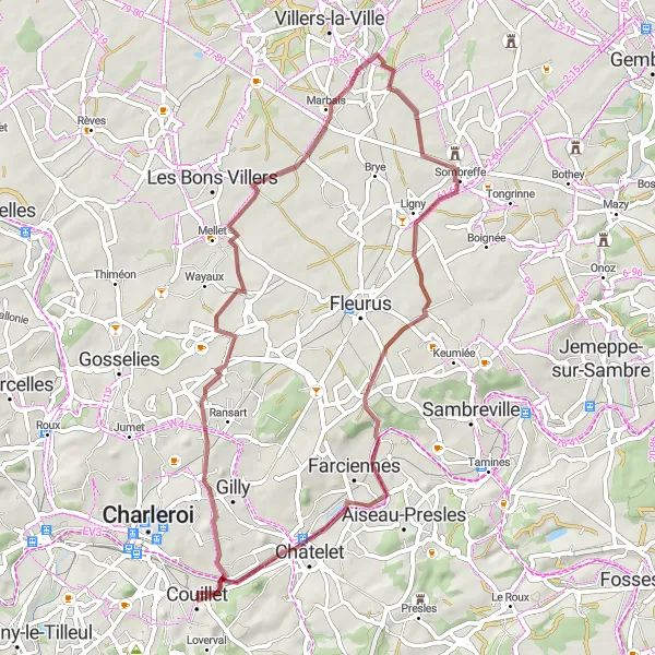Miniature de la carte de l'inspiration cycliste "Parcours de gravel à Montignies-sur-Sambre" dans la Prov. Hainaut, Belgium. Générée par le planificateur d'itinéraire cycliste Tarmacs.app